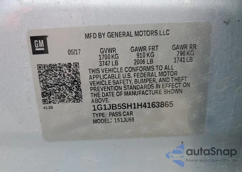 2017 Chevrolet Sonic Ls from USA, damaged, VIN 1G1JB5SH1H4163865